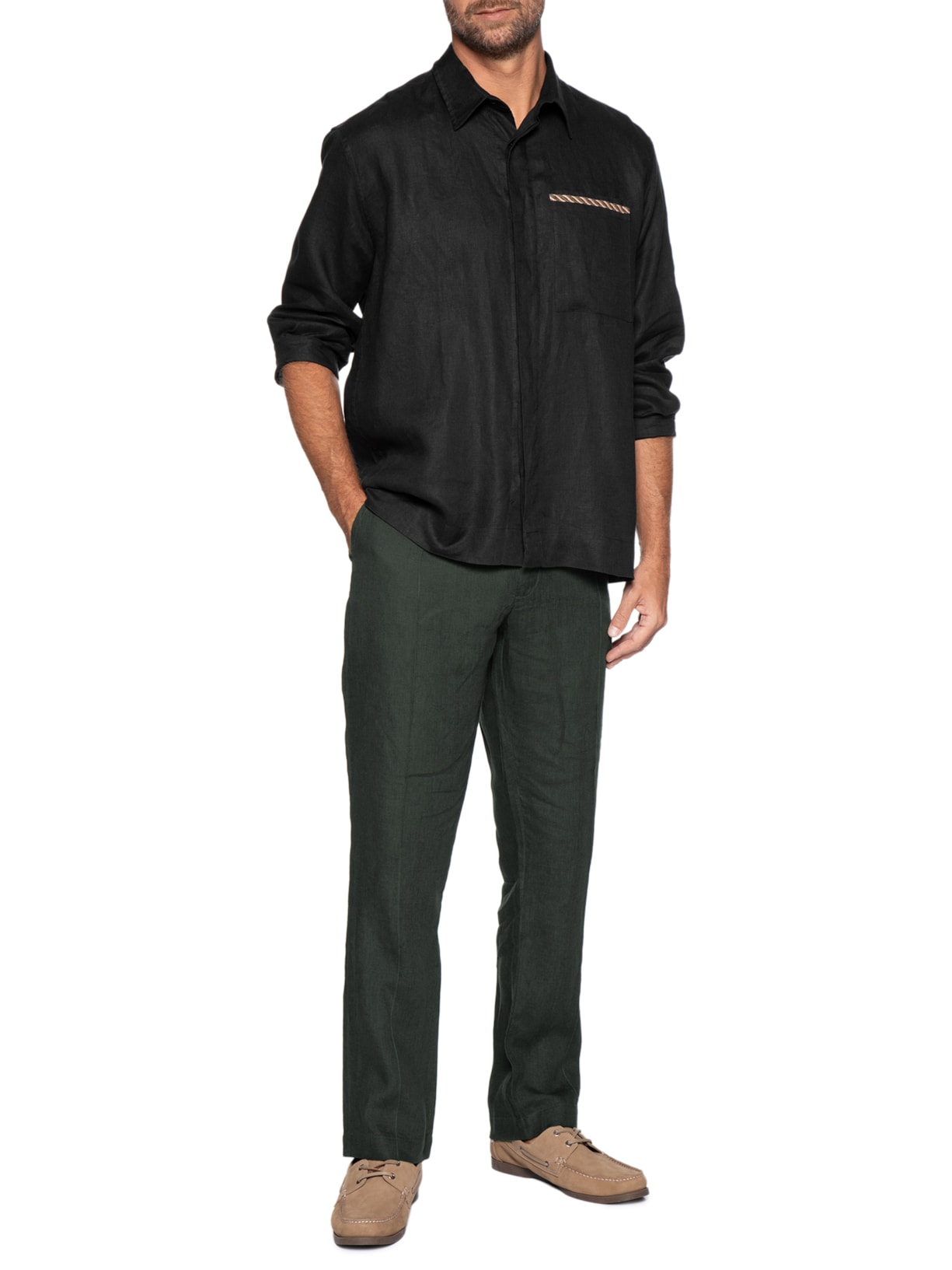 Camisa Masculina Linho Bordado Rosto Preto Handred