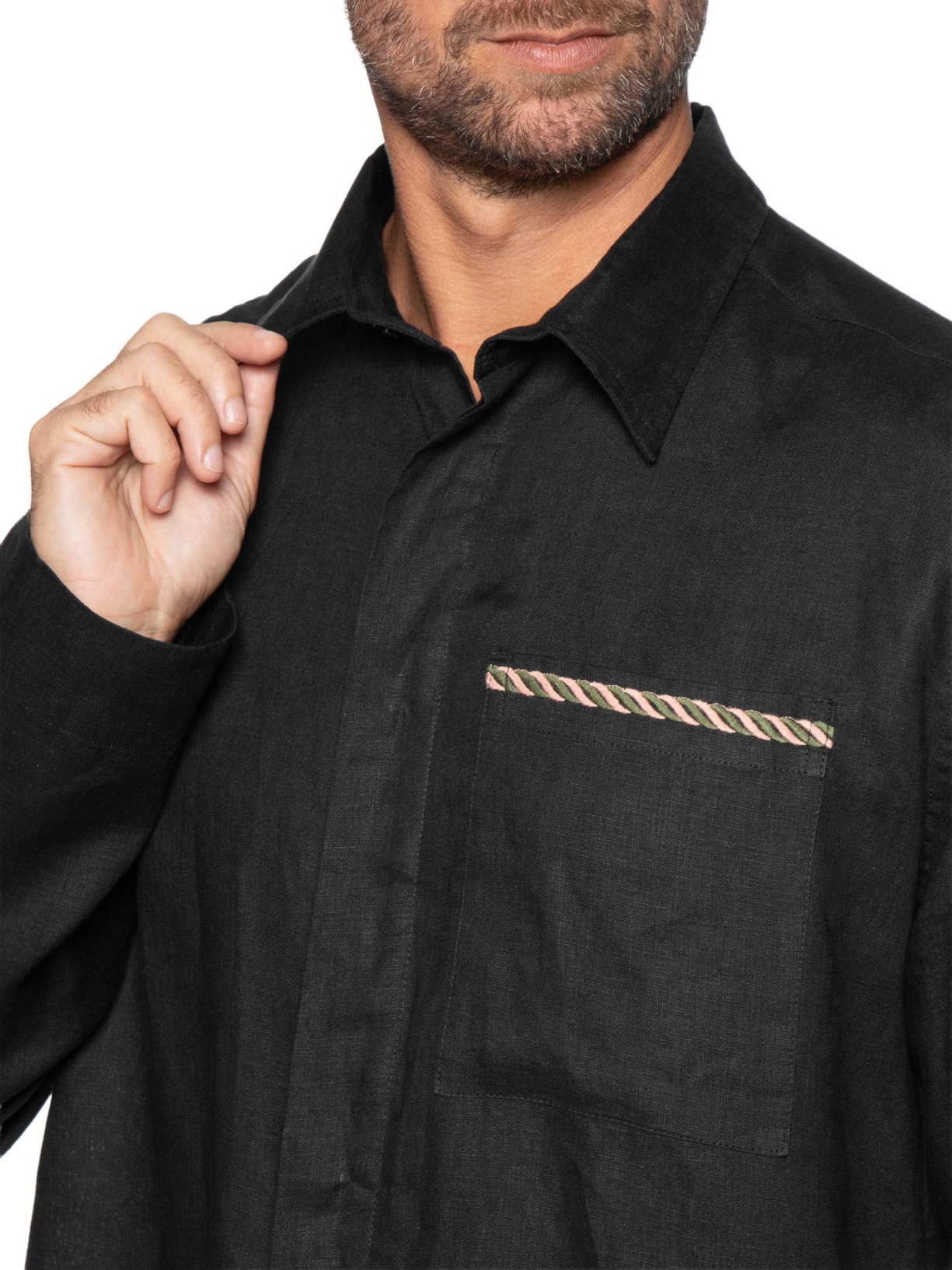 Camisa Masculina Linho Bordado Rosto Preto Handred