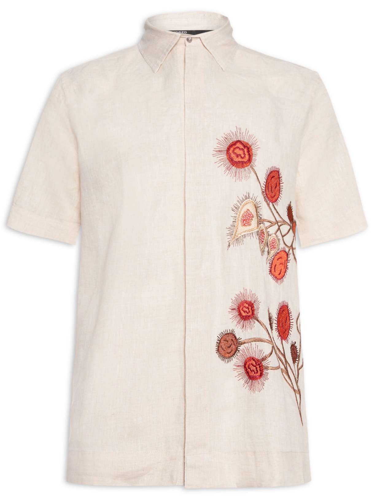 Camisa Masculina Linho Bordado Urucum - Bege