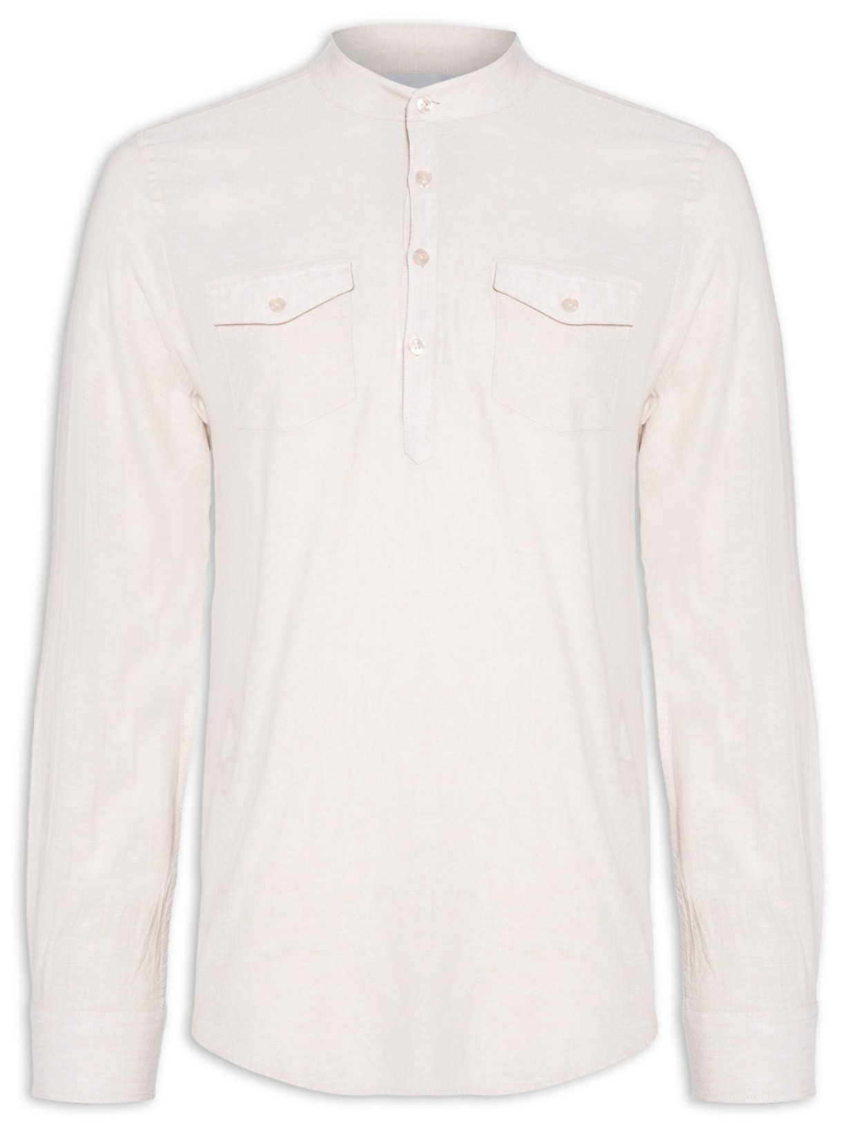 Camisa Masculina Linho Gola Padre Manga Longa - Bege