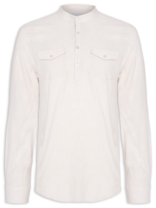 Camisa Masculina Linho Gola Padre Manga Longa - Bege