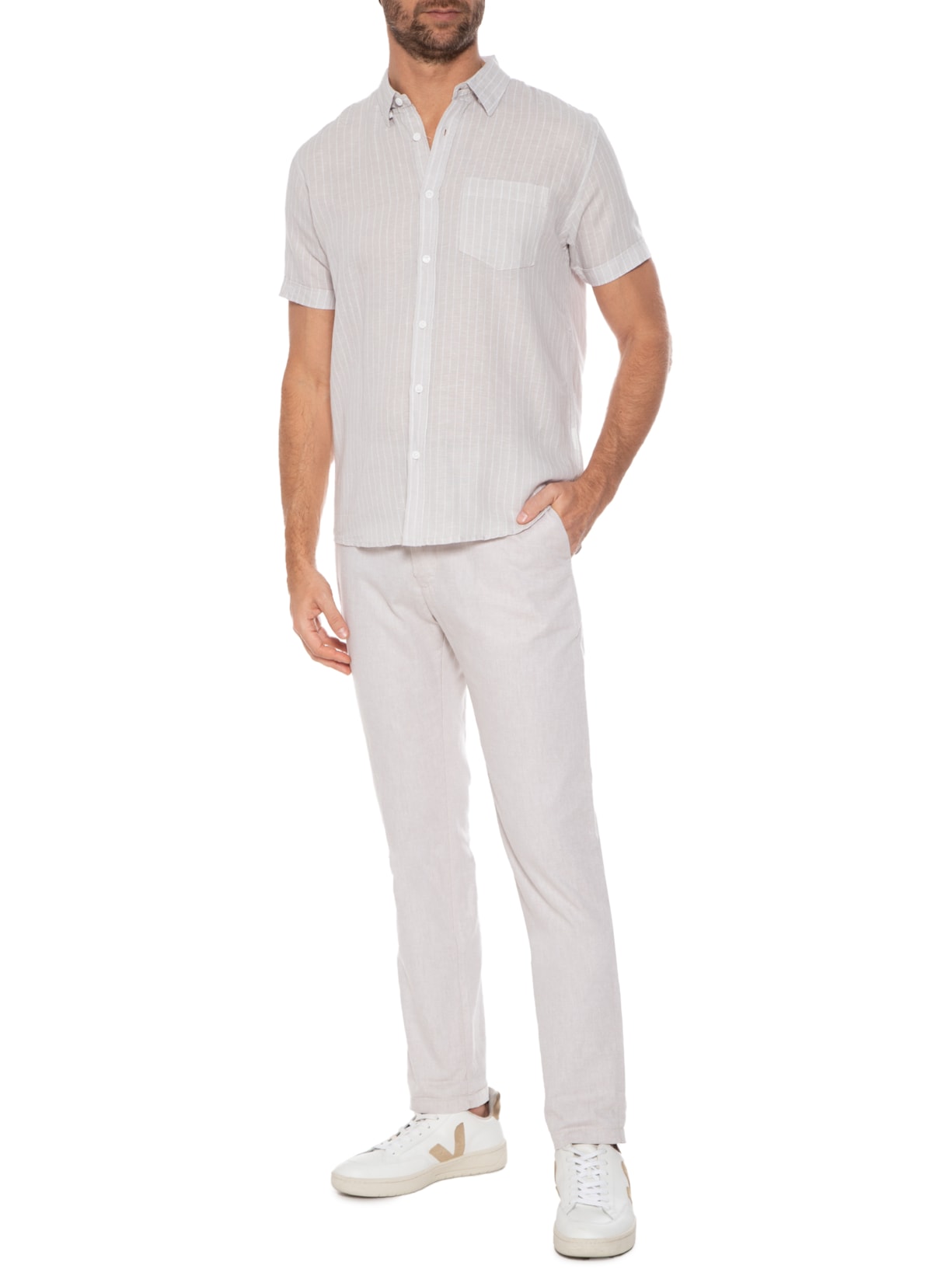 Camisa Masculina Linho Listras Cinza '2 Essential