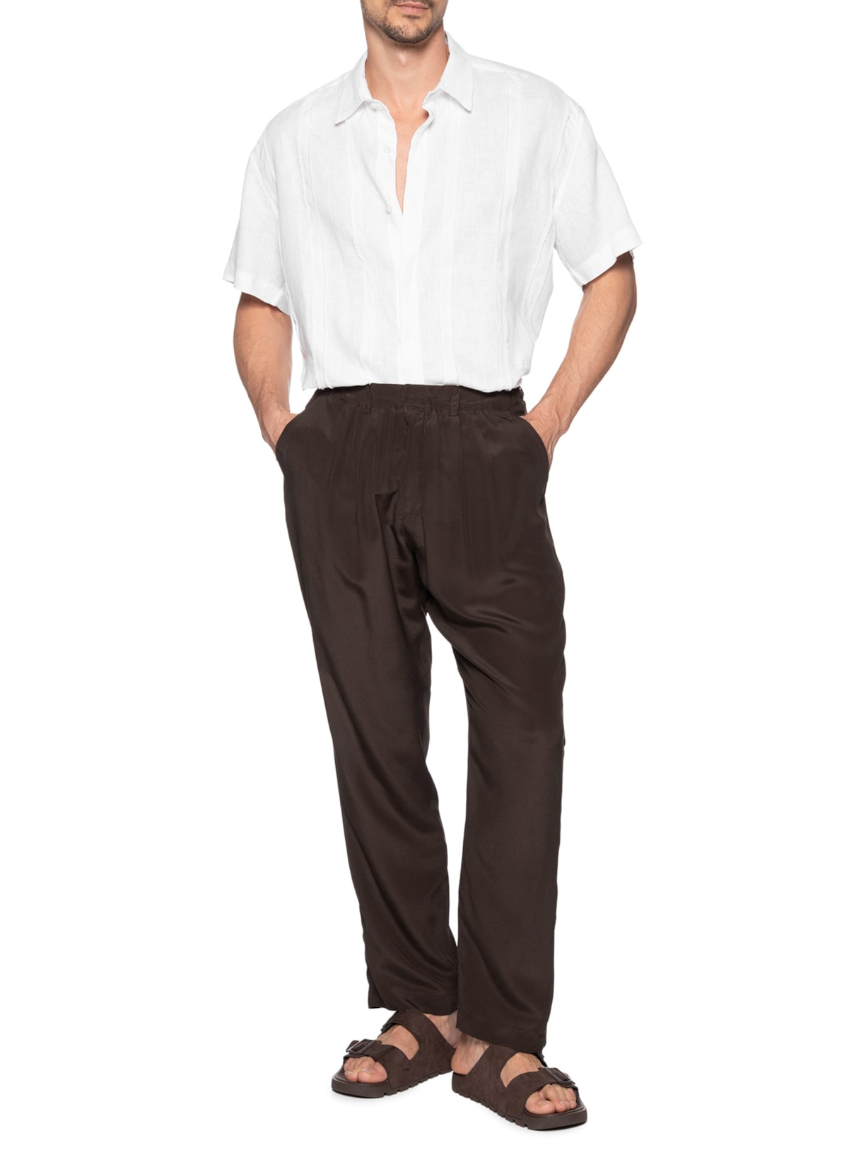 Camisa Masculina Linho Listras Desfiadas Branco Handred