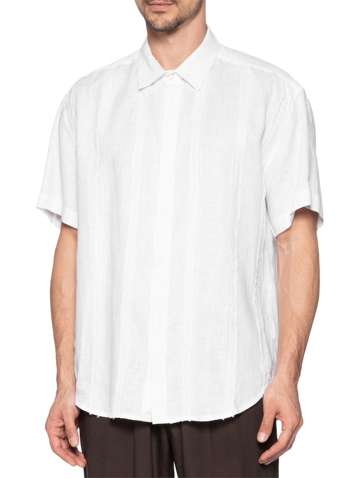 Camisa Masculina Linho Listras Desfiadas Branco Handred