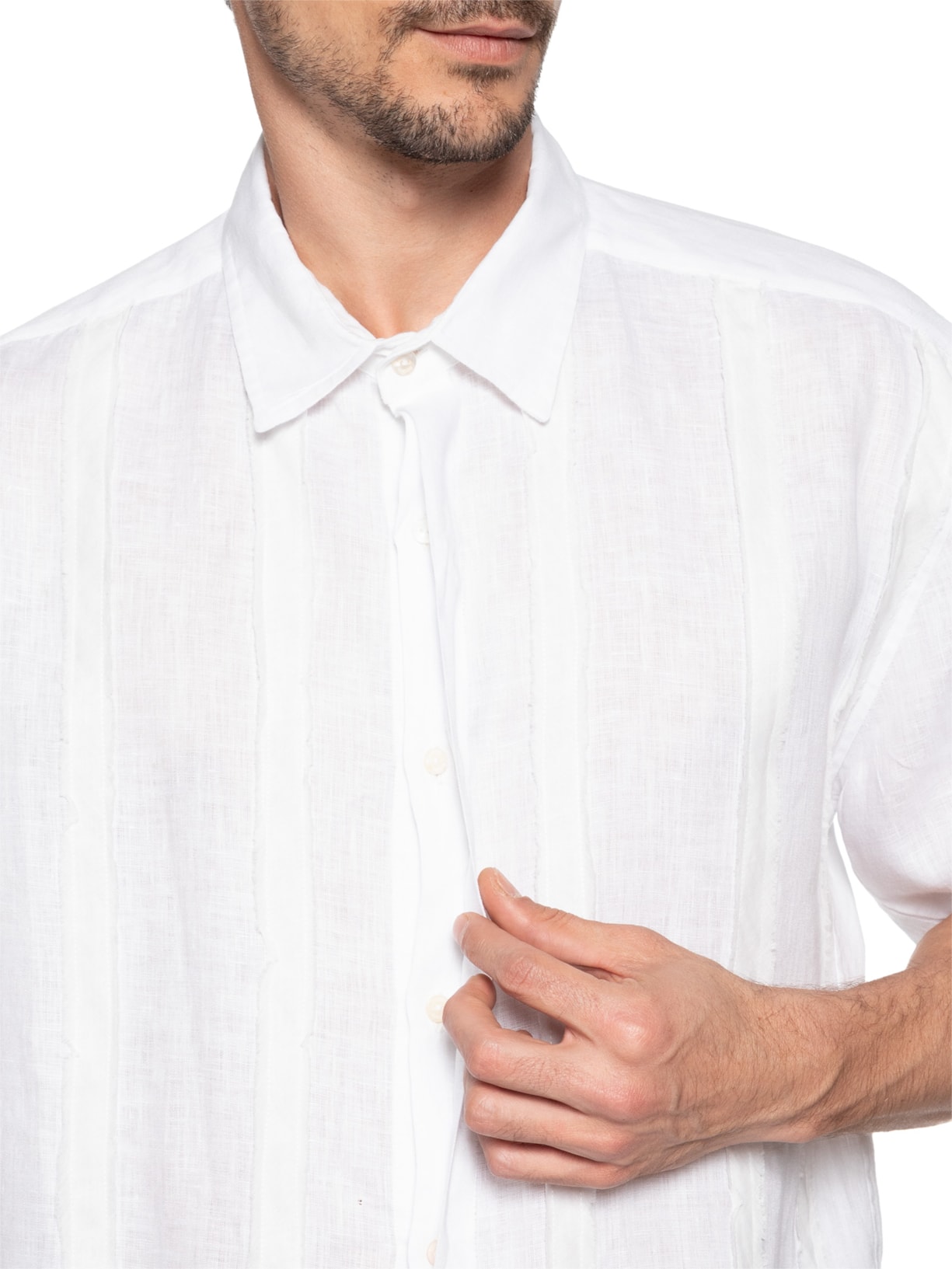 Camisa Masculina Linho Listras Desfiadas Branco Handred