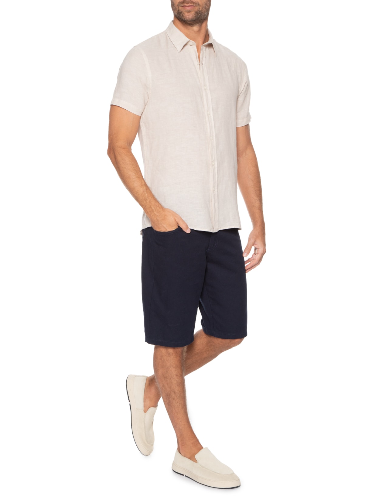 Camisa Masculina Linho Manga Curta Bege '2 Essential