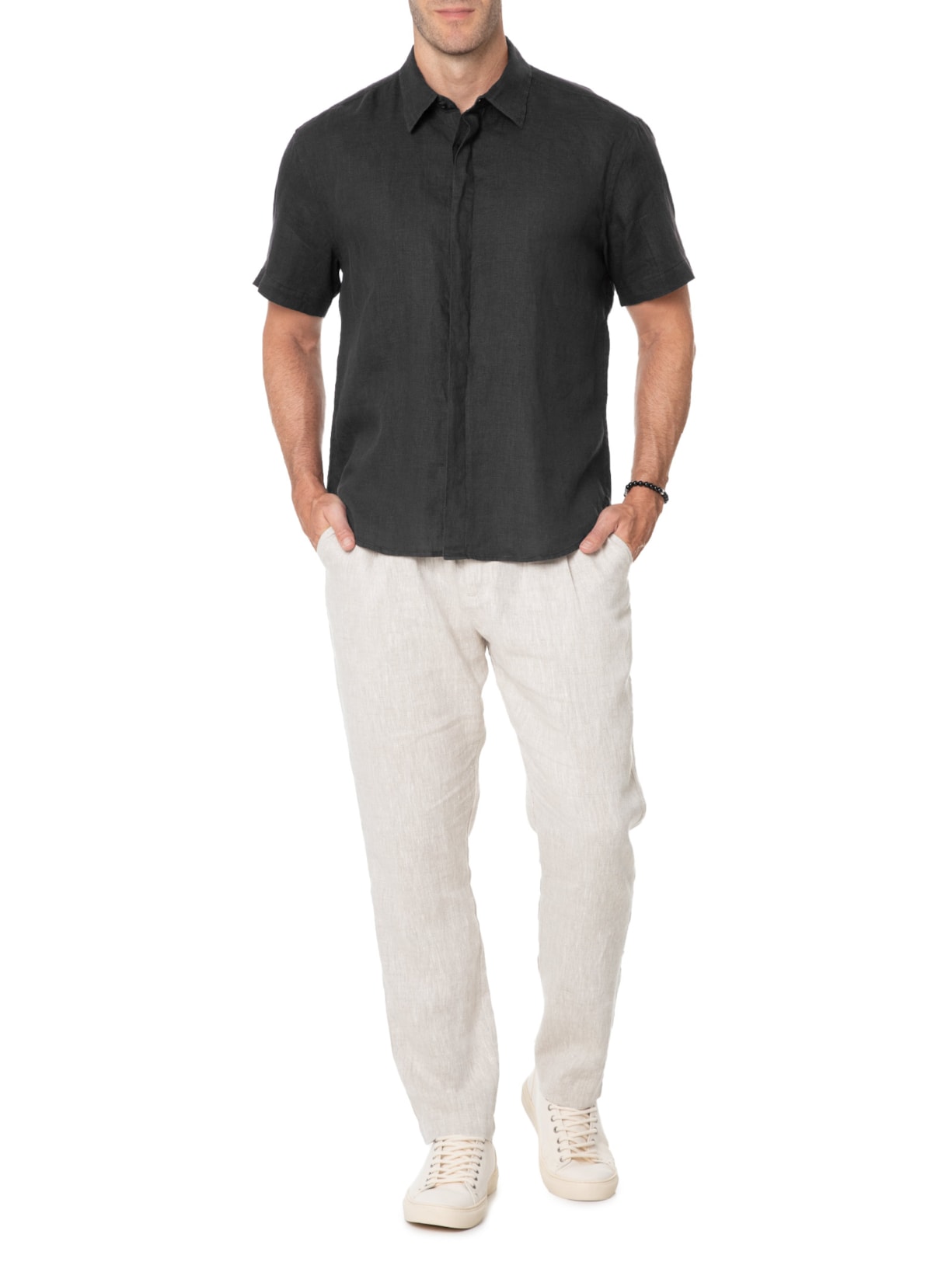 Camisa Masculina Linho Manga Curta Preto Handred