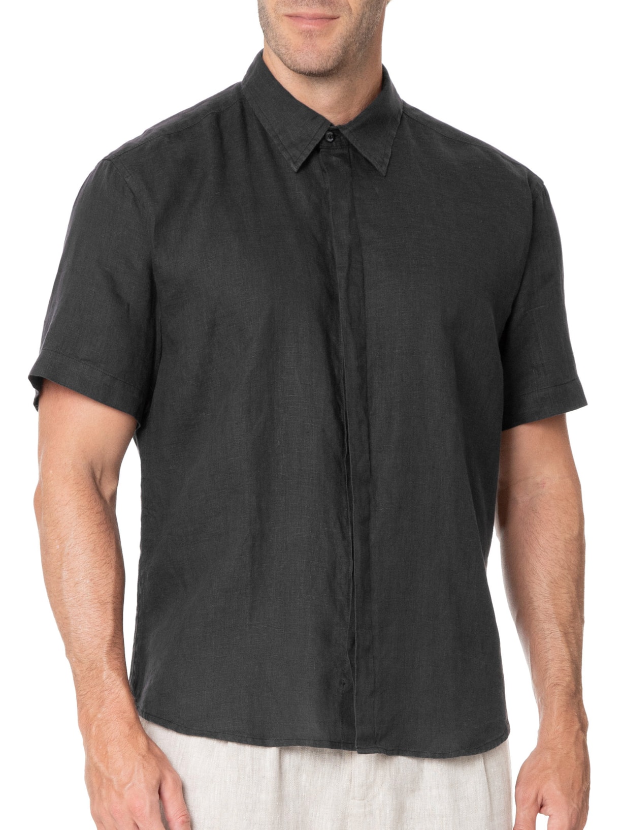 Camisa Masculina Linho Manga Curta Preto Handred