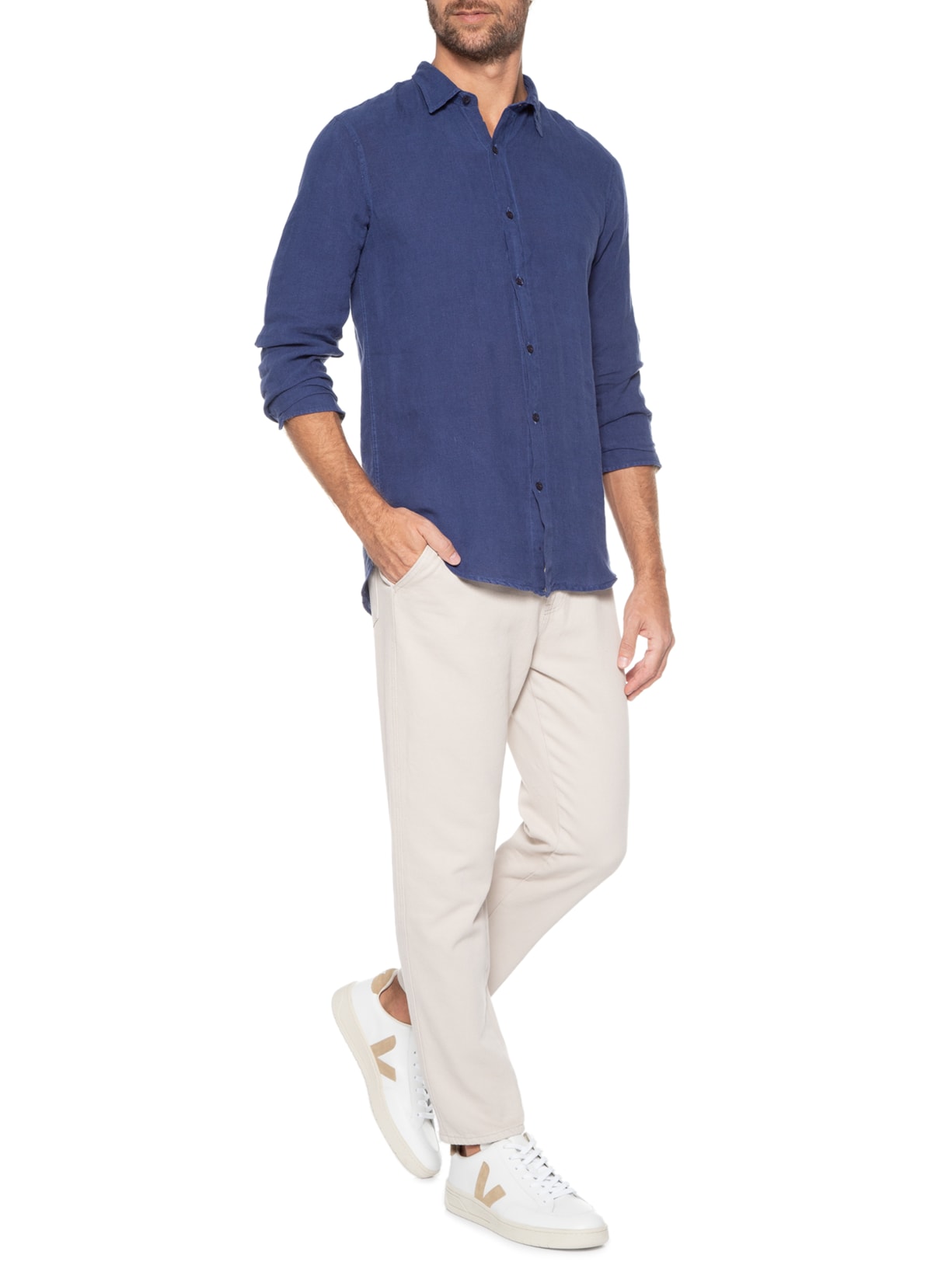 Camisa Masculina Linho Manga Longa Azul Kour