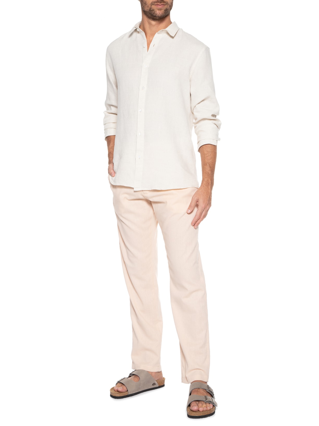 Camisa Masculina Linho Manga Longa Bege Kour