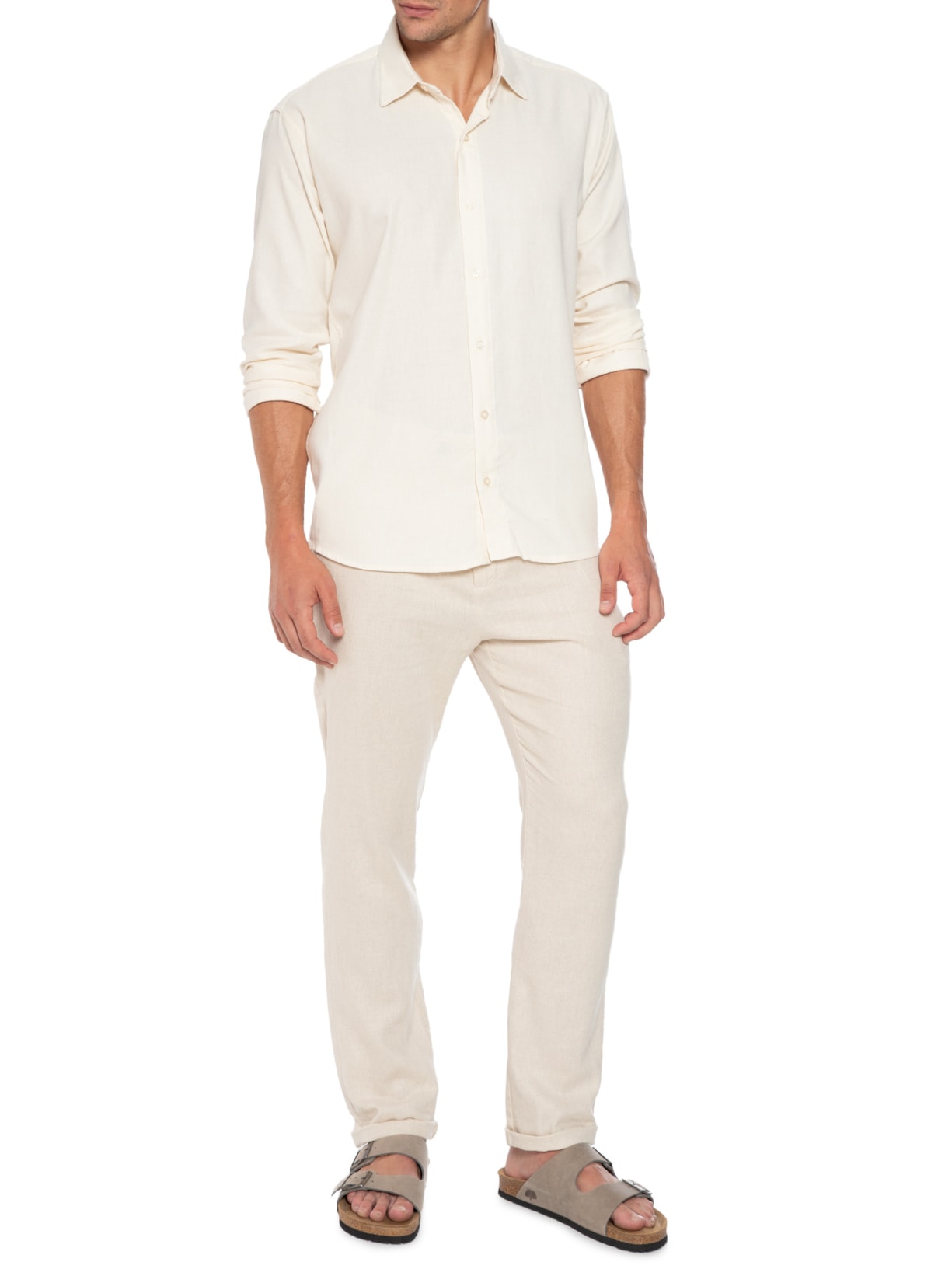 Camisa Masculina Linho Manga Longa Bege '2 Essential