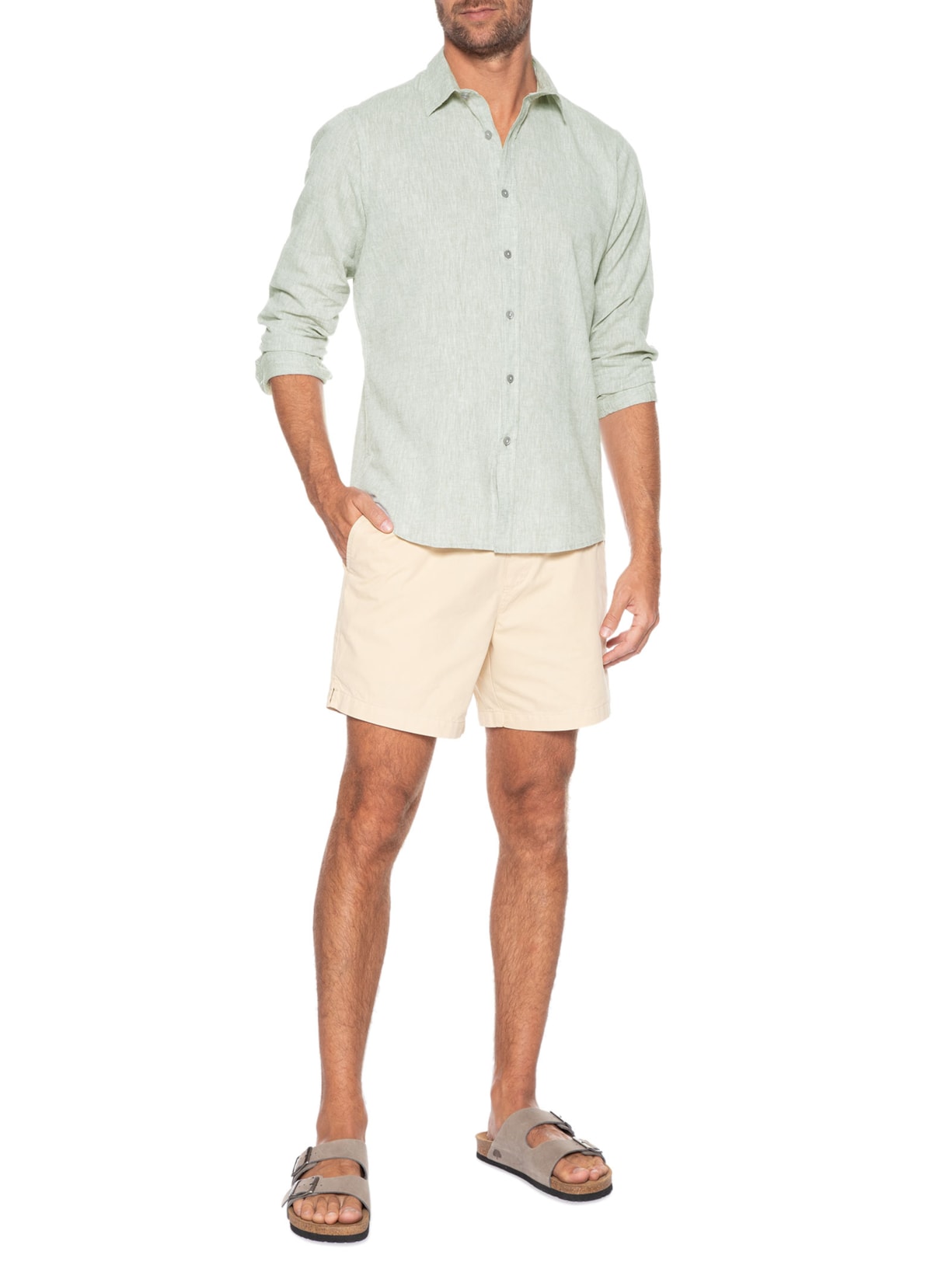 Camisa Masculina Linho Manga Longa Verde '2 Essential