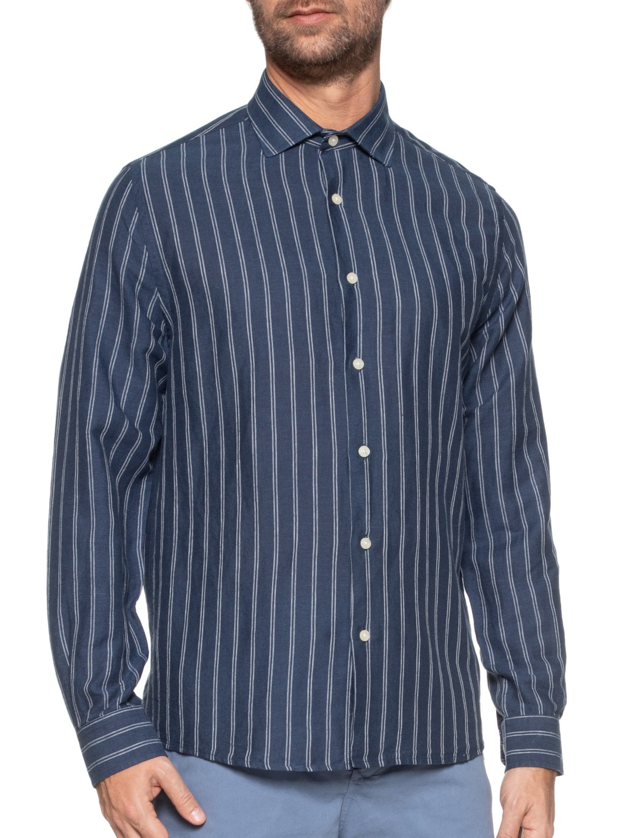 Camisa Masculina Linho Maré Listras Azul Zapalla