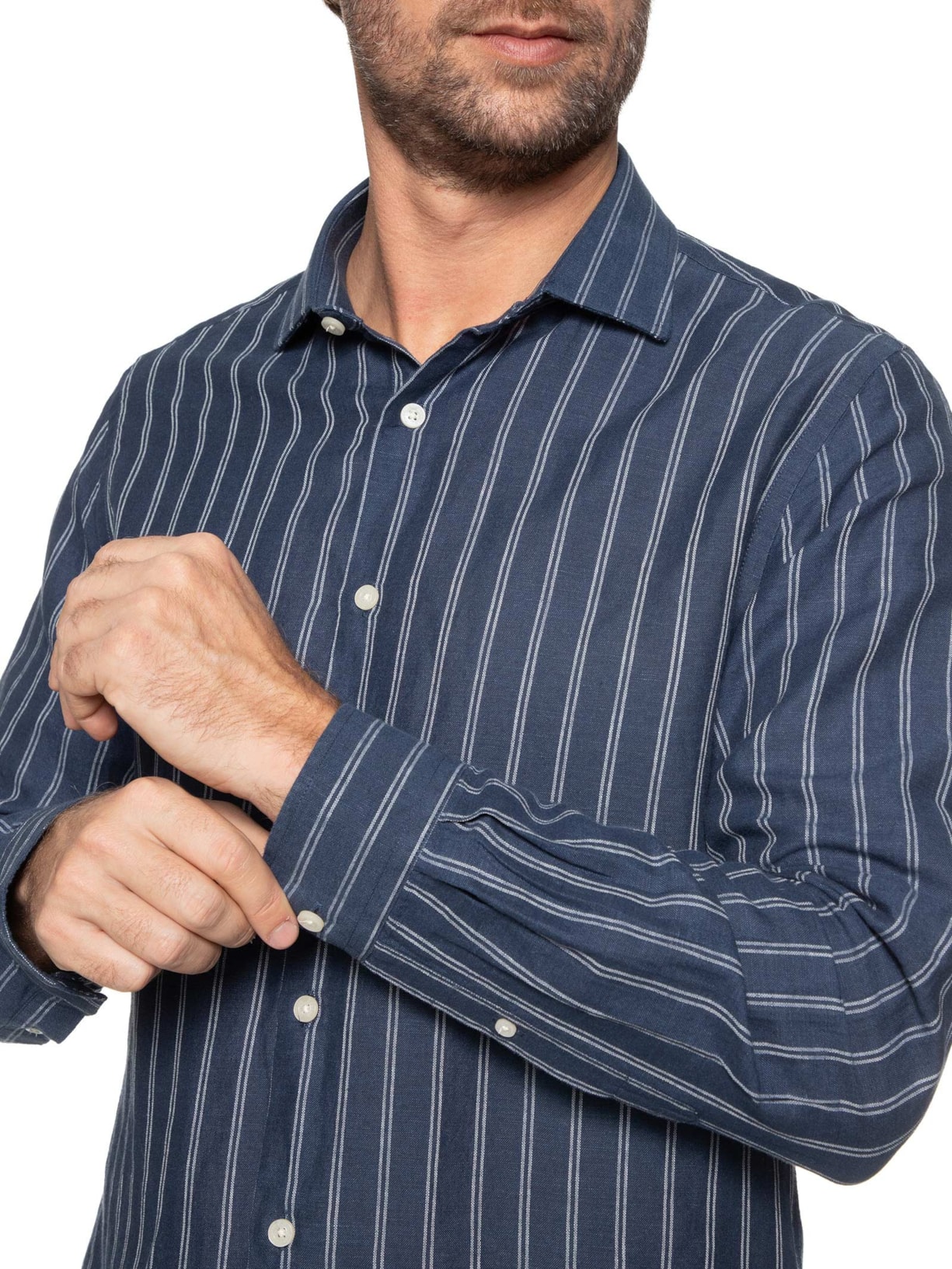 Camisa Masculina Linho Maré Listras Azul Zapalla