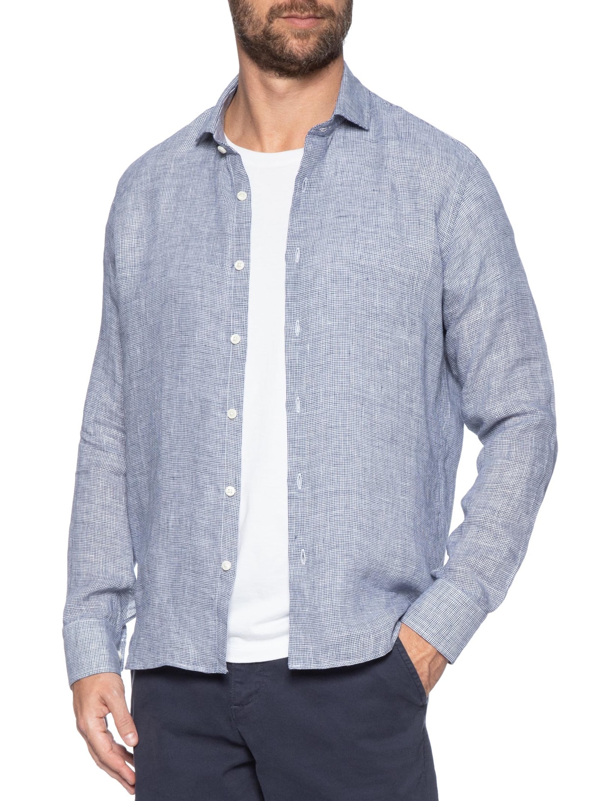 Camisa Masculina Linho Roma Pied De Poule Manga Longa Azul Oficina Reserva