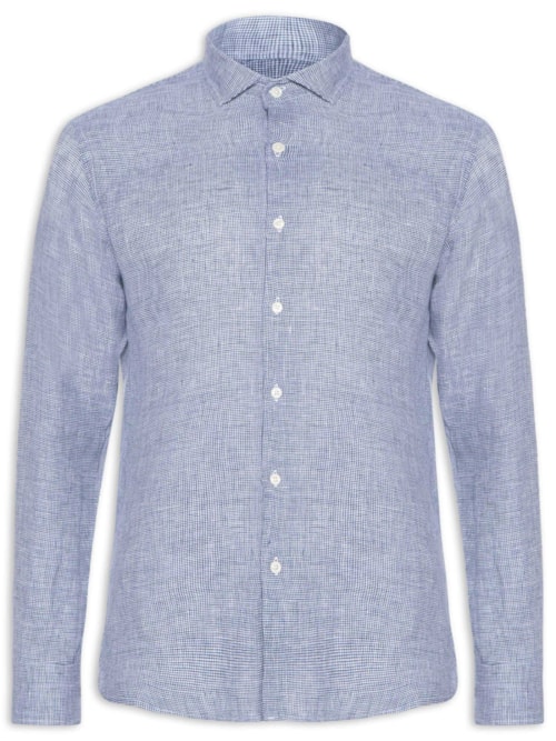 Camisa Masculina Linho Roma Pied De Poule Manga Longa - Azul