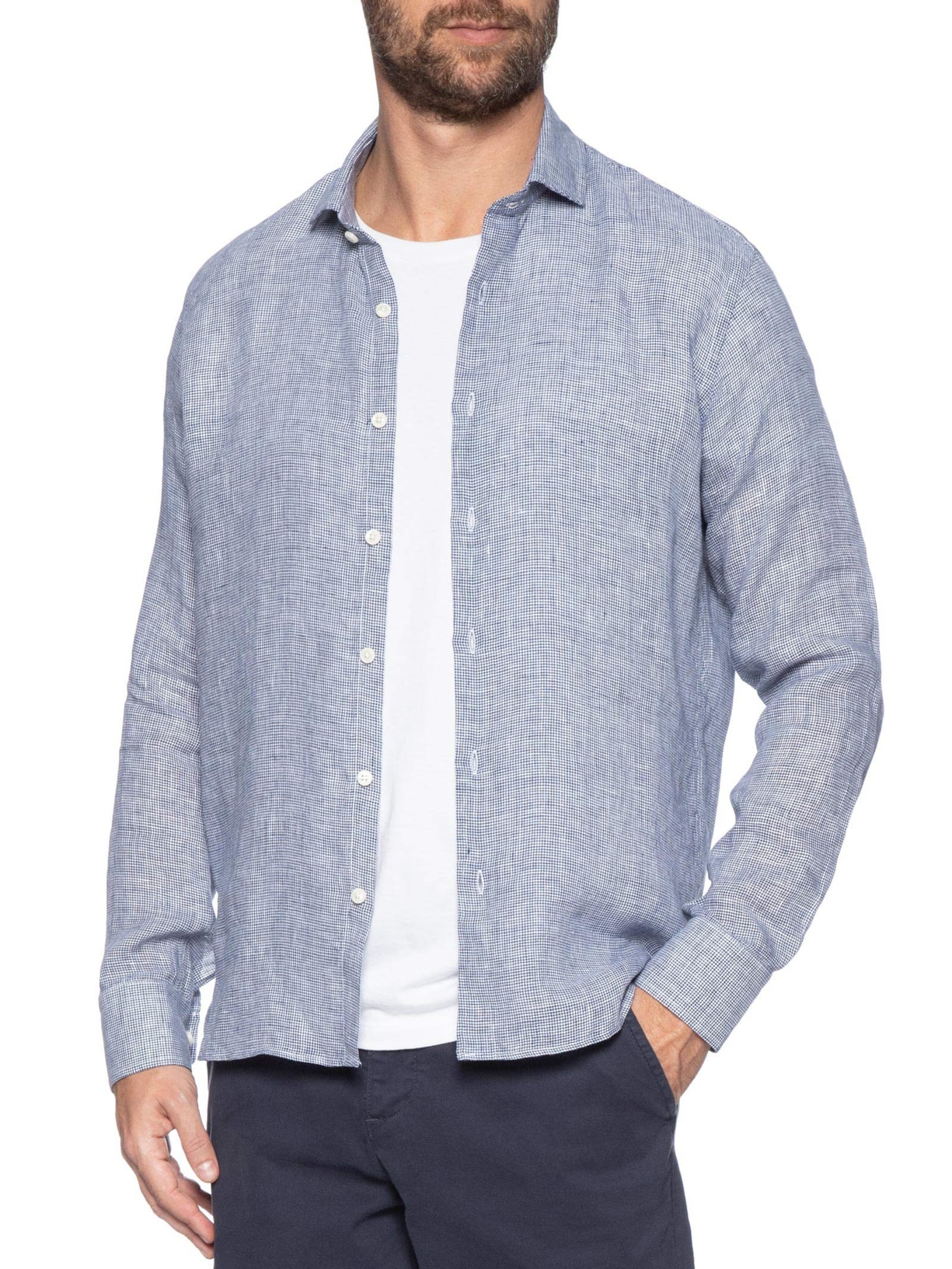 Camisa Masculina Linho Roma Pied De Poule Manga Longa Azul Oficina Reserva