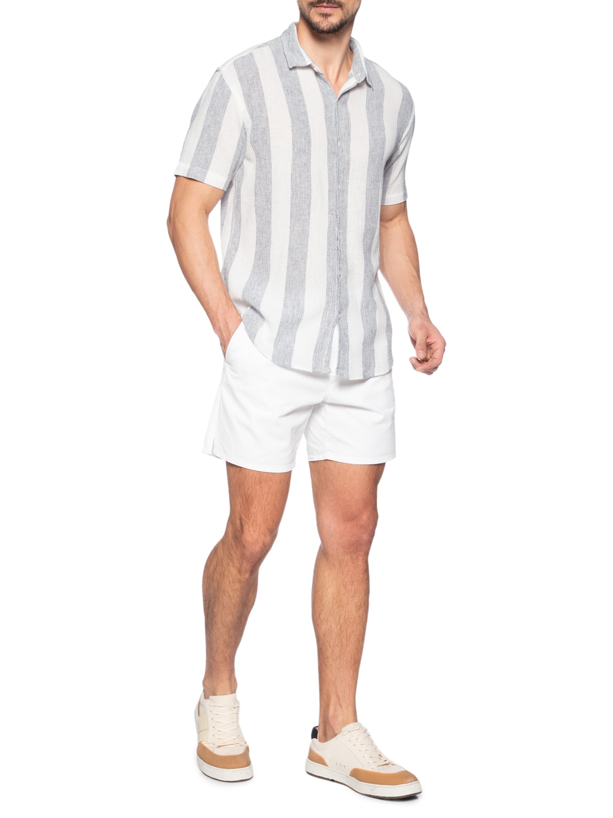 Camisa Masculina Linho Stripes Azul Foxton