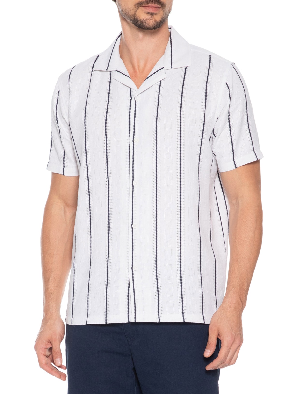Camisa Masculina Listrada Ocean Branco Basiq Men