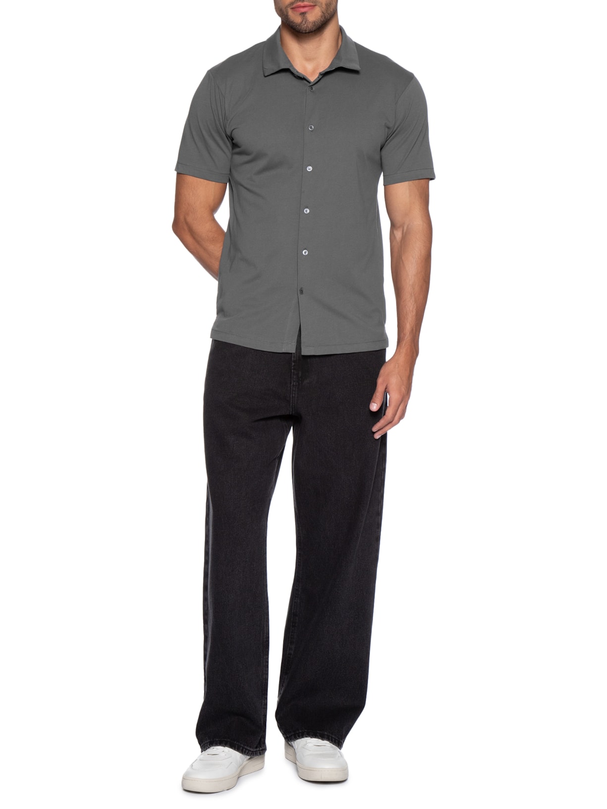Camisa Masculina Manga Curta Básica Cinza Basiq Men
