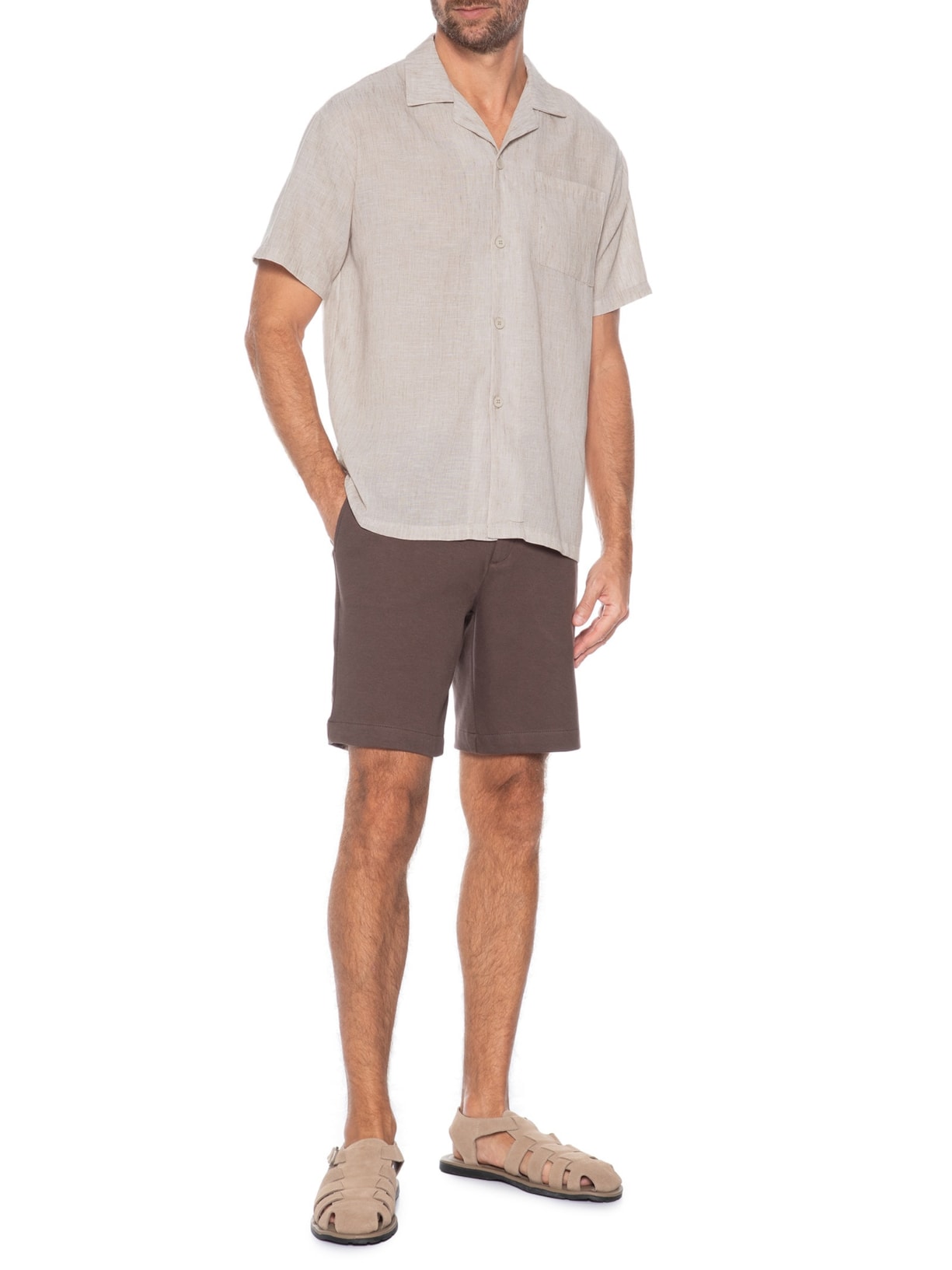 ?Camisa Masculina Manga Curta Bege Basiq Men