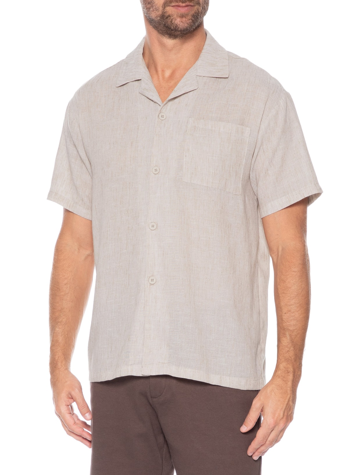 ?Camisa Masculina Manga Curta Bege Basiq Men