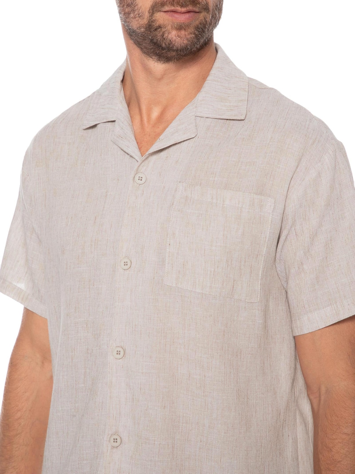 ?Camisa Masculina Manga Curta Bege Basiq Men