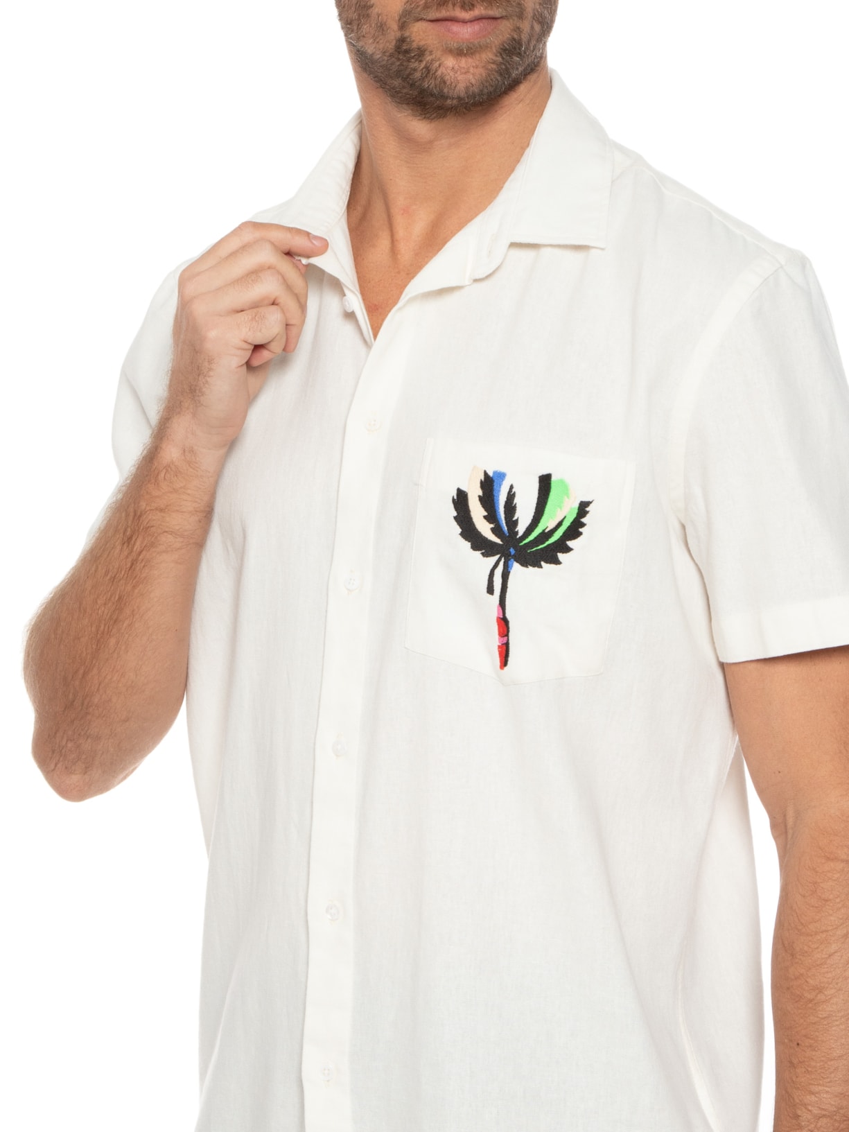 Camisa Masculina Manga Curta Bordado Pocket Off White Osklen