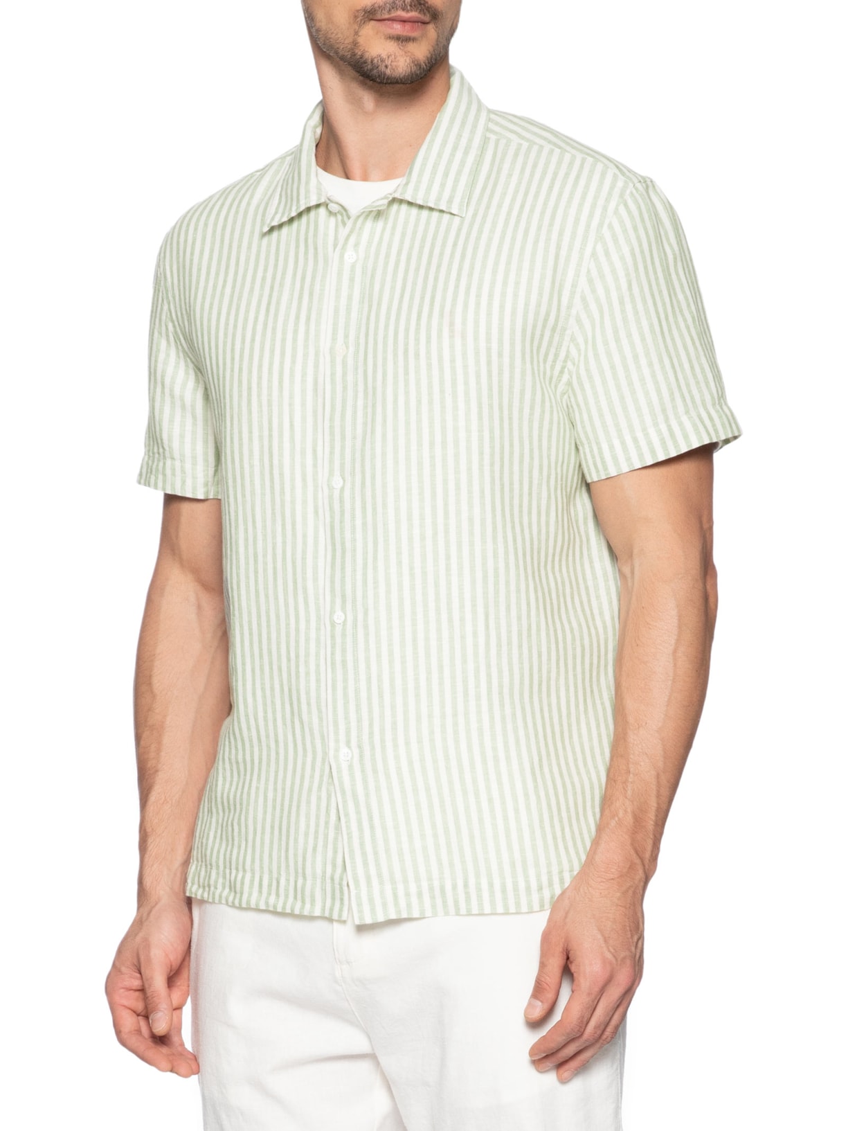 Camisa Masculina Manga Curta Brief Vintage Stripes Linen Off White Osklen