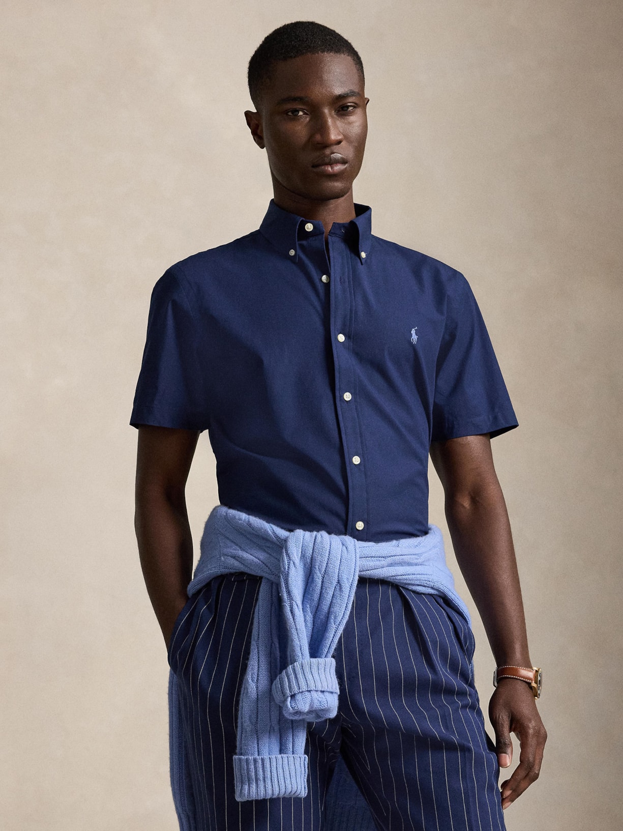 Camisa Masculina Manga Curta Custom Poplin Logo Bordado Azul Polo Ralph Lauren
