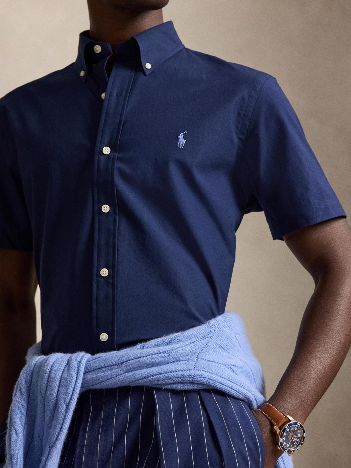 Camisa Masculina Manga Curta Custom Poplin Logo Bordado Azul Polo Ralph Lauren