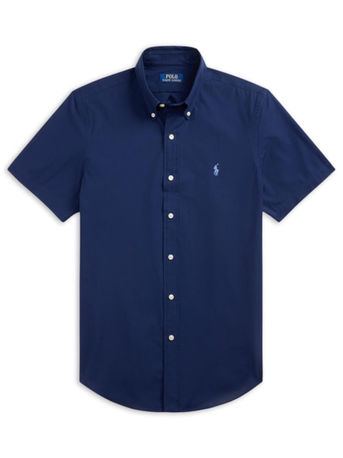 Camisa Masculina Manga Curta Custom Poplin Logo Bordado - Azul