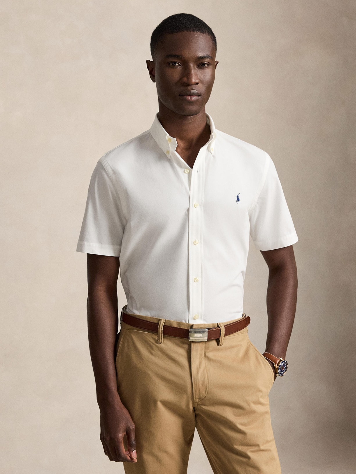 Camisa Masculina Manga Curta Custom Poplin Logo Bordado Branco Polo Ralph Lauren