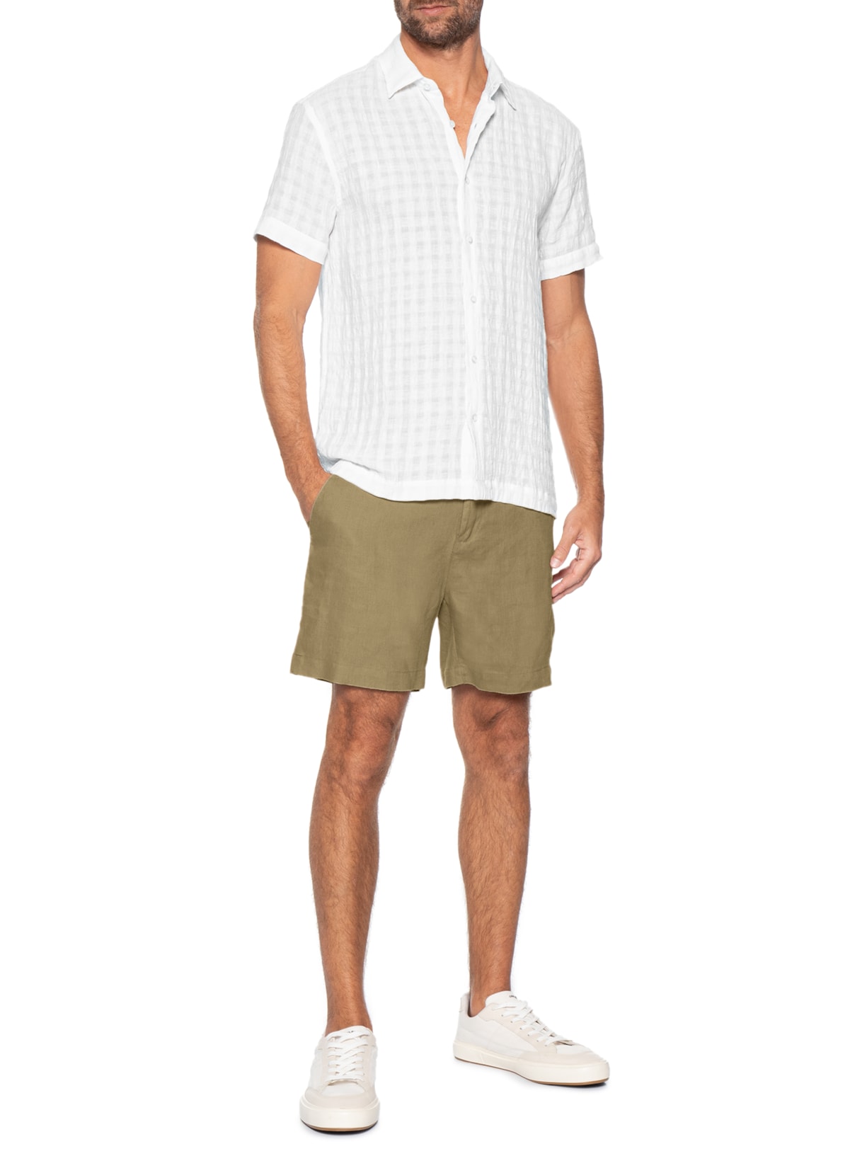 Camisa Masculina Manga Curta de Linho Havana Dark Branco Foxton
