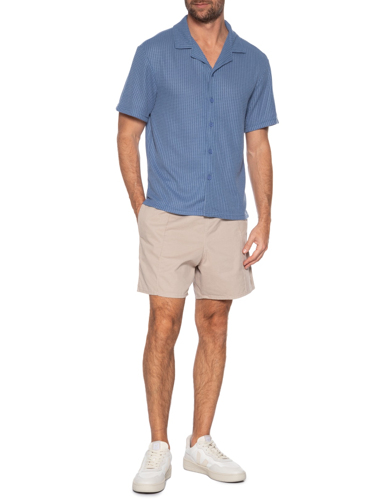 Camisa Masculina Manga Curta Em Tricot Azul Basiq Men