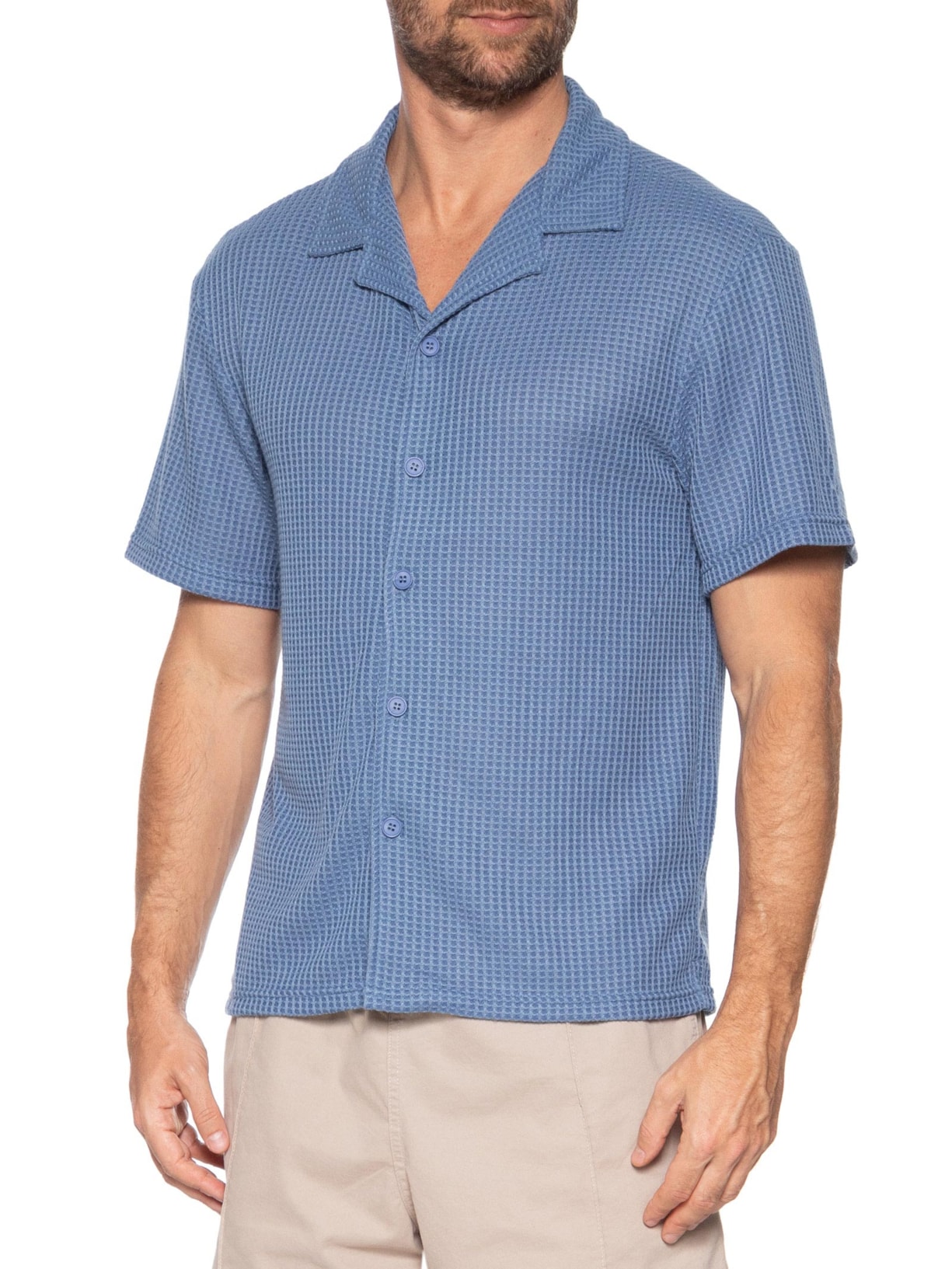 Camisa Masculina Manga Curta Em Tricot Azul Basiq Men