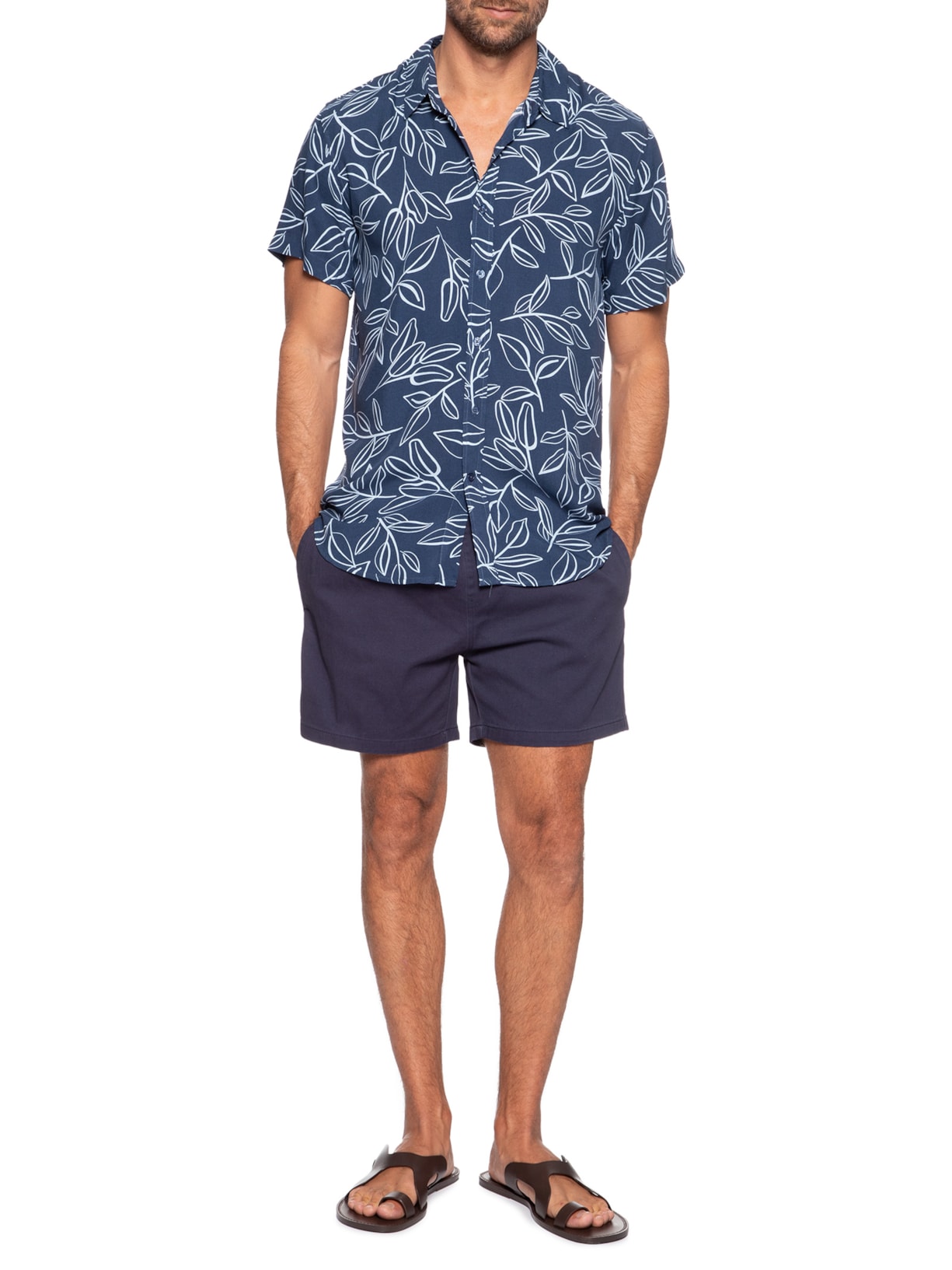 Camisa Masculina Manga Curta Estampa Folhagem Azul Basiq Men