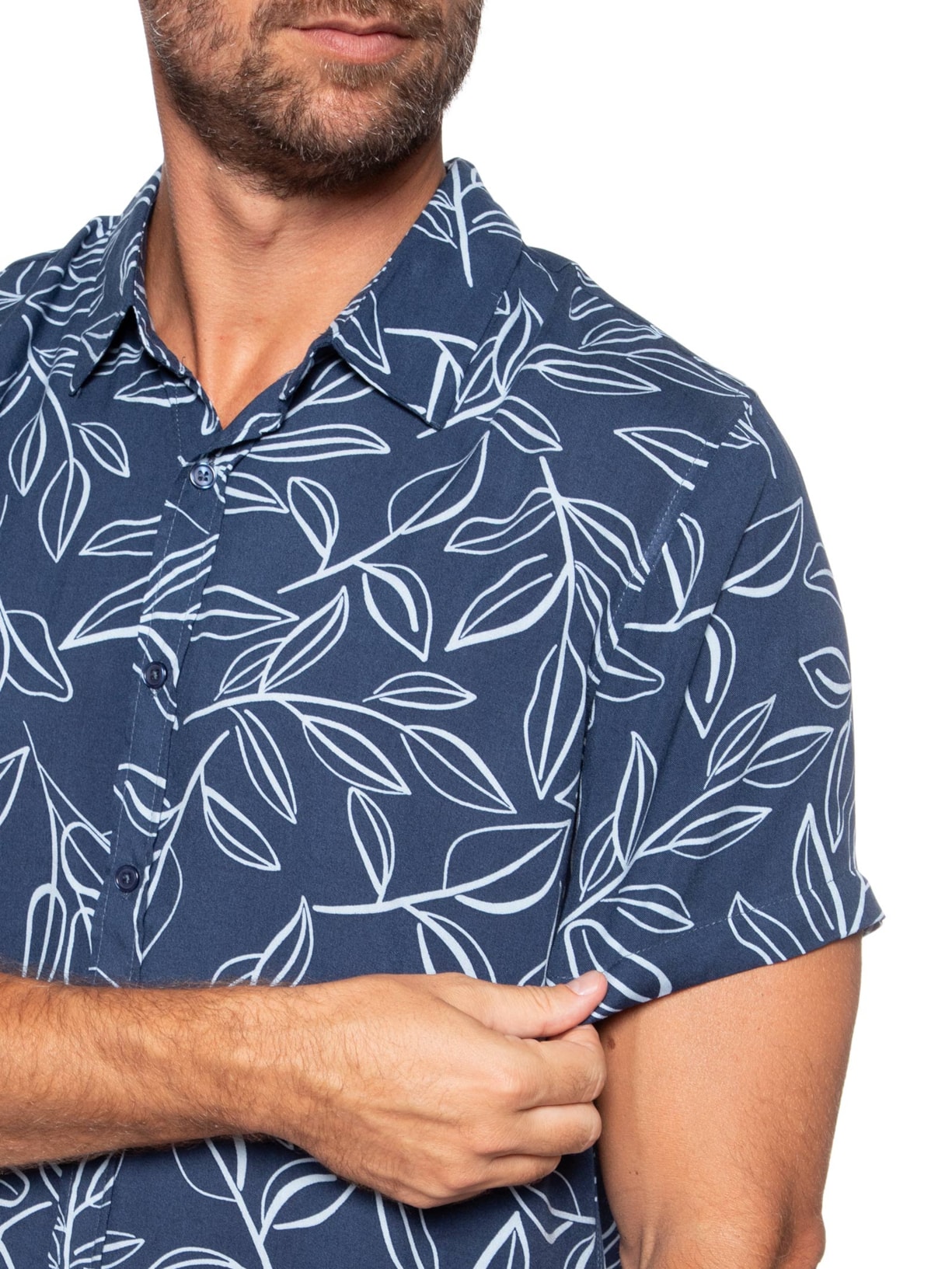 Camisa Masculina Manga Curta Estampa Folhagem Azul Basiq Men