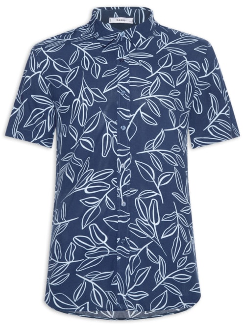 Camisa Masculina Manga Curta Estampa Folhagem - Azul
