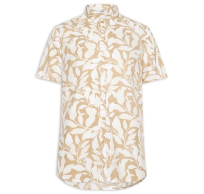 Camisa Masculina Manga Curta Estampa Folhagem - Bege
