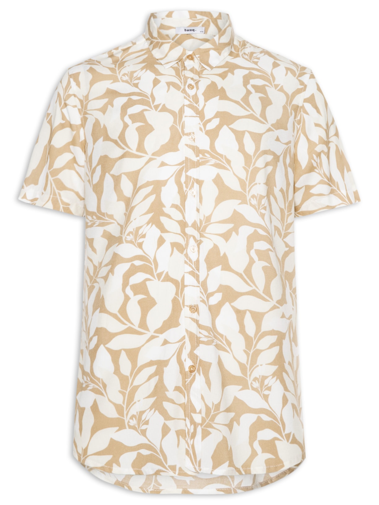 Camisa Masculina Manga Curta Estampa Folhagem - Bege