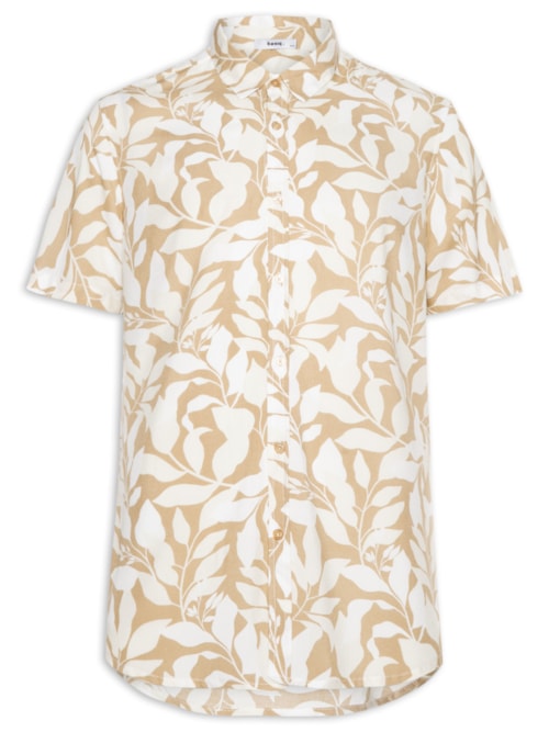 Camisa Masculina Manga Curta Estampa Folhagem - Bege