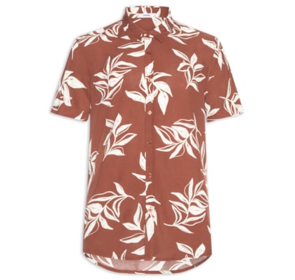 Camisa Masculina Manga Curta Estampa Folhagem - Marrom