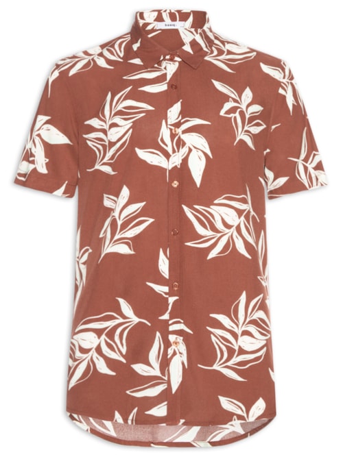 Camisa Masculina Manga Curta Estampa Folhagem - Marrom