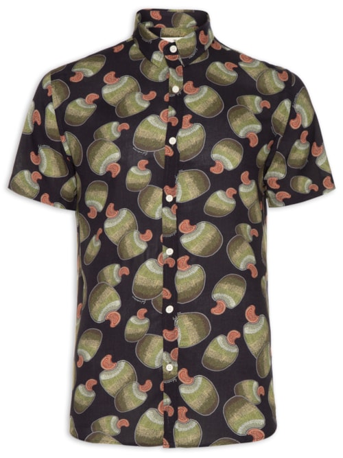 Camisa Masculina Manga Curta Estampada Caju Bordado - Preto