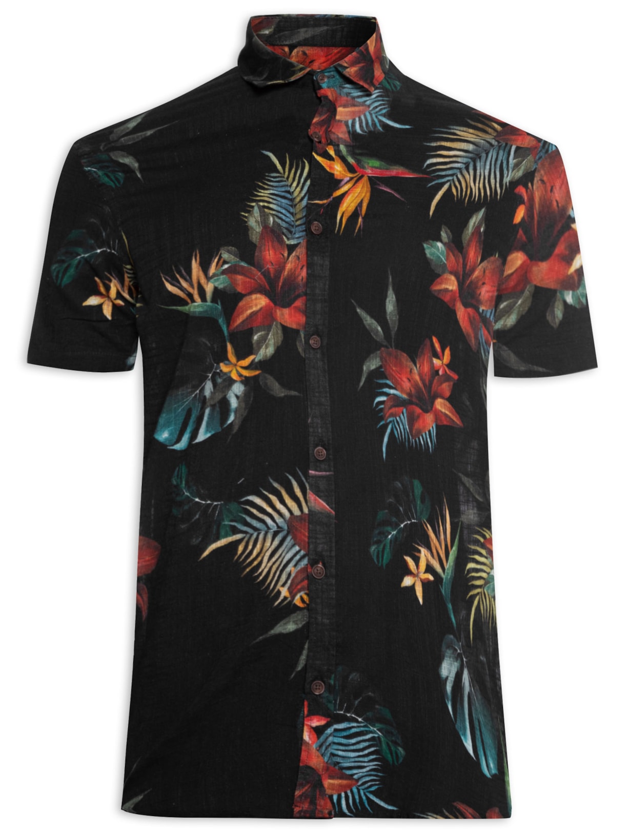 Camisa Masculina Manga Curta Estampada Tropica - Preto