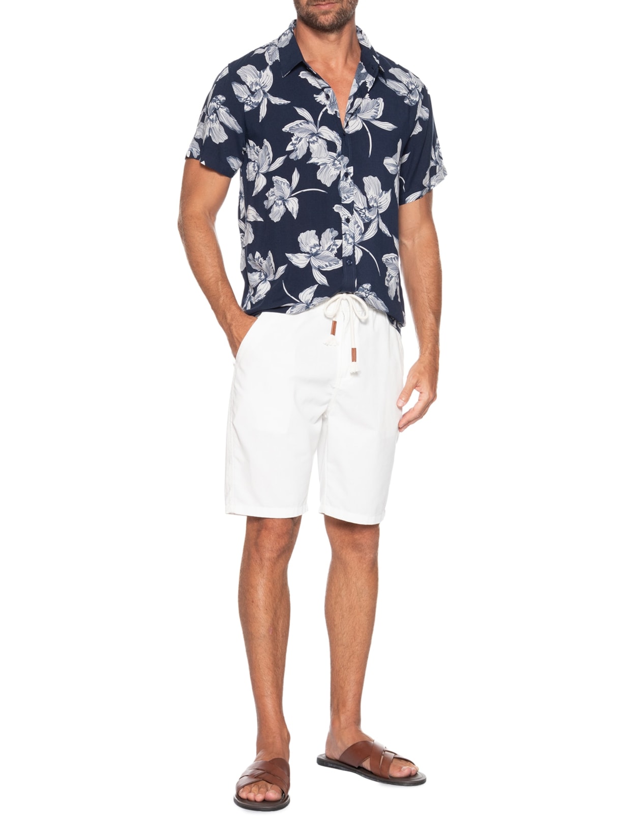 Camisa Masculina Manga Curta Floral Azul Basiq Men