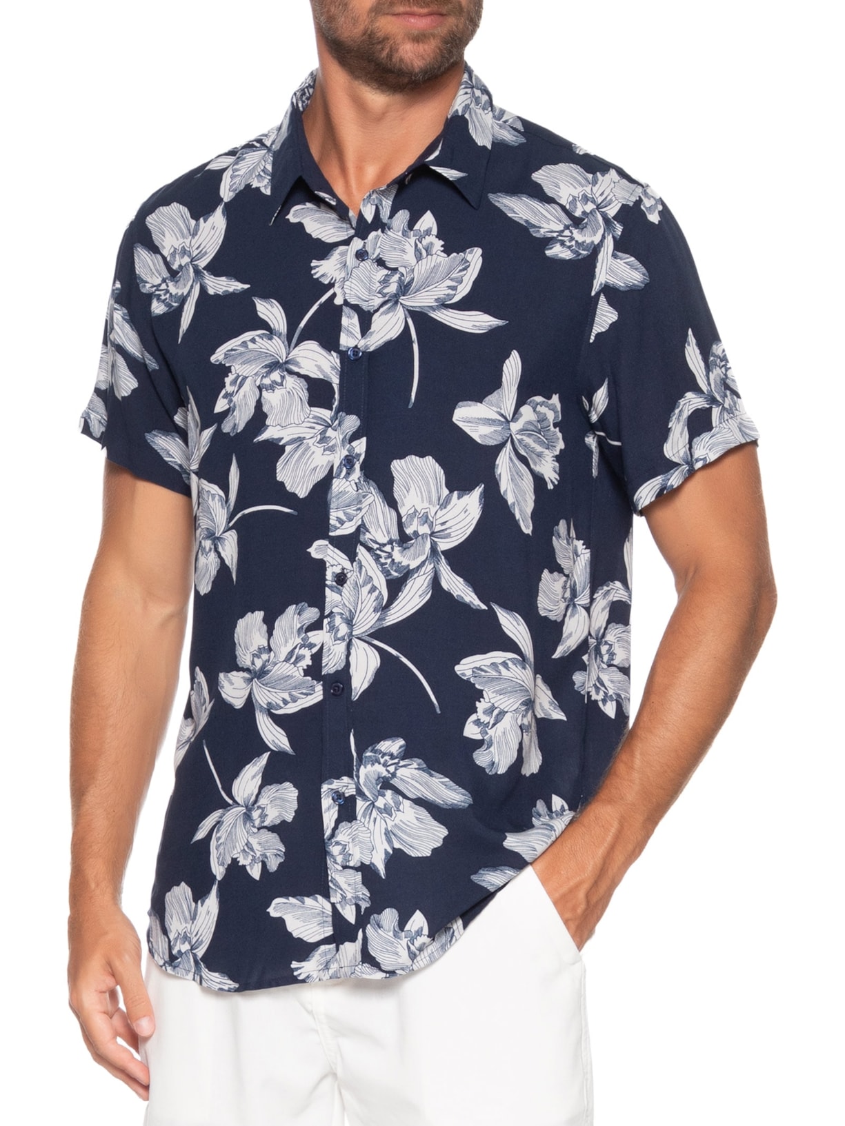 Camisa Masculina Manga Curta Floral Azul Basiq Men