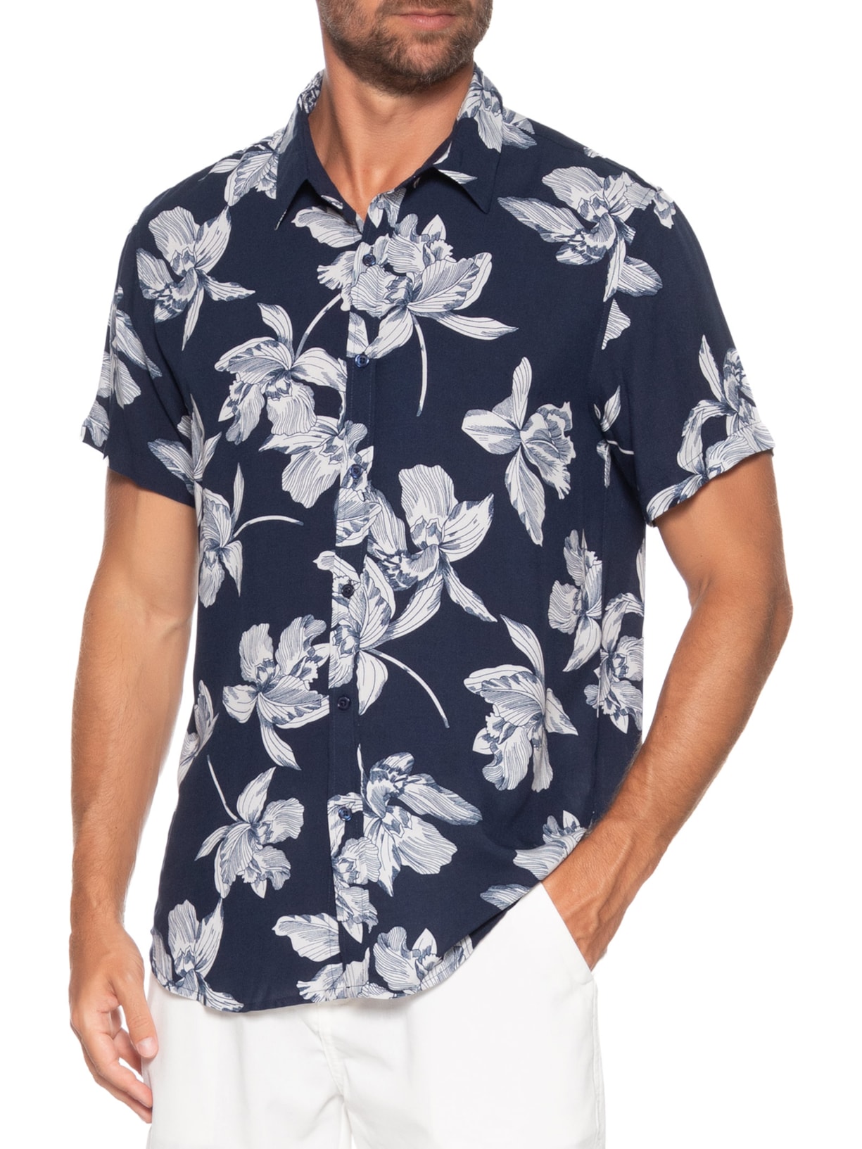 Camisa Masculina Manga Curta Floral Azul Basiq Men