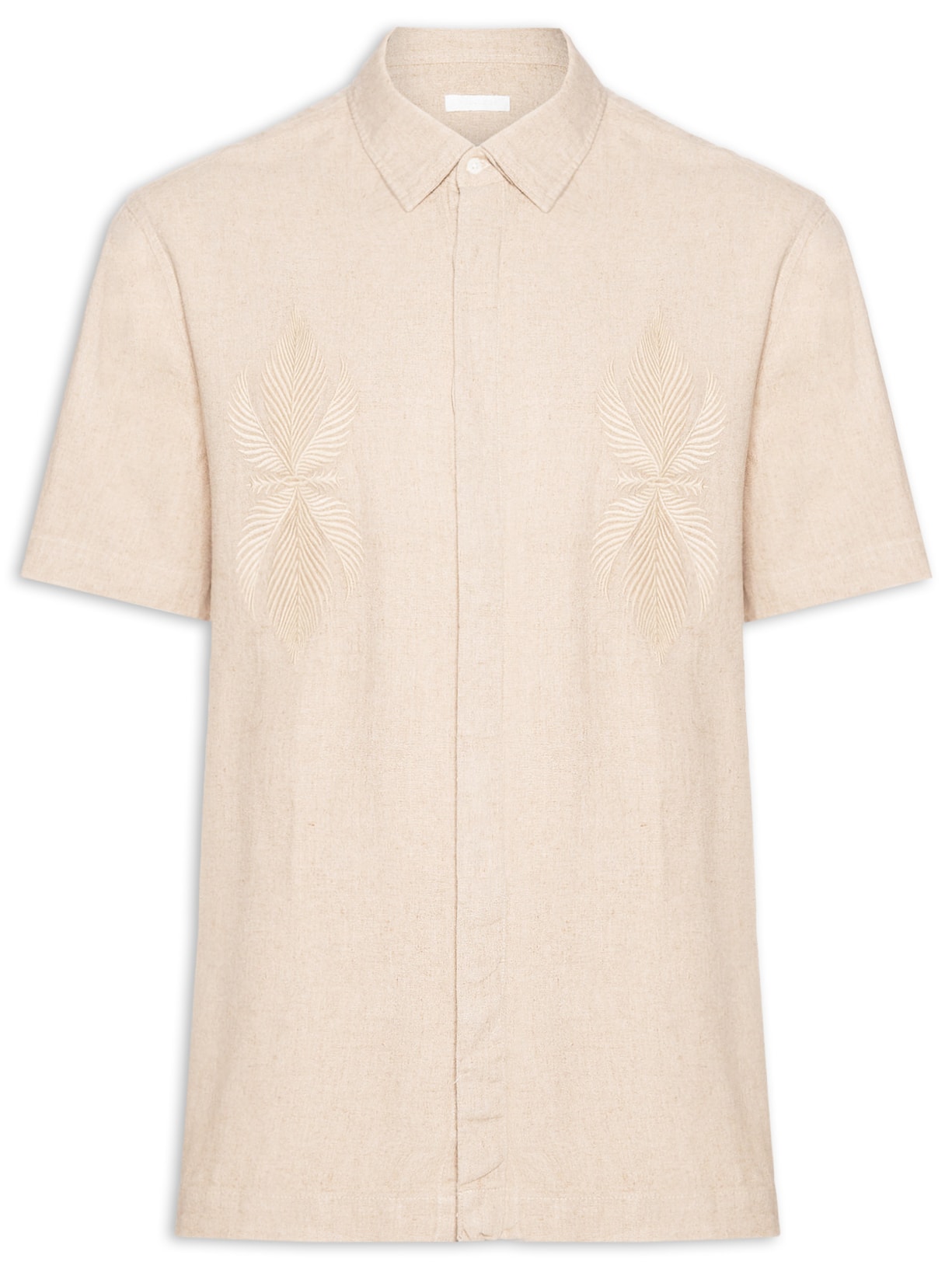 Camisa Masculina Manga Curta Linen Bordado Bege Osklen